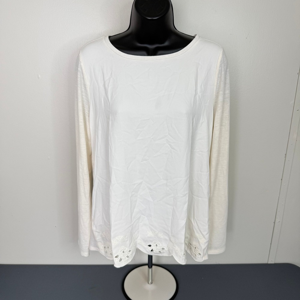 Loft Top Womens Small White Long Sleeve Eyelet Scallop Hem Mixed Media Blouse